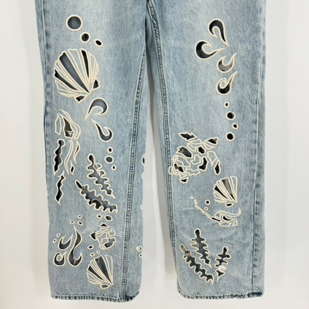 BDG Light Blue Flare Jeans with Artistic Patterns - Picture 5 of 15